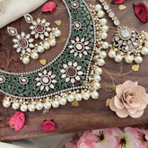 Premium Green Victorian Diamond Bridal Choker-Pearl-VV1672